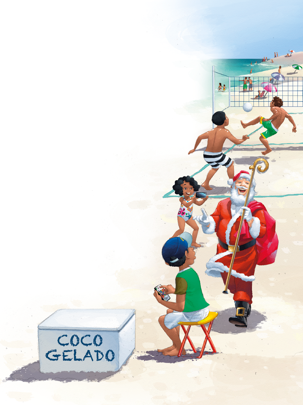 Imagem: Ilustração. Vista de praia com pessoas em atividades diversas. Um menino de cabelo curto preto e boné azul, vestindo camiseta verde e calça branca, está sentado em uma cadeira ao lado de uma caixa de isopor indicando “coco gelado”. Ao lado, um homem vestido de papai Noel com saco de presentes nas costas e roupa vermelha. Atrás, uma menina de cabelo curto preto, vestindo maiô florido, tira foto do homem. Atrás, homens jogando futevôlei, pessoas em guarda-sol e pessoas no mar. Fim da imagem.