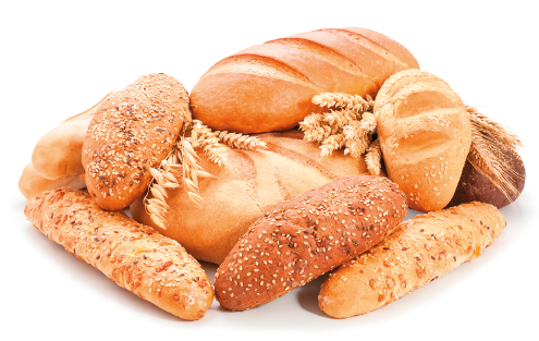 Imagem: Fotografia. Diferentes tipos de pães assados com ramos de trigo. Fim da imagem.