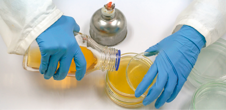 Imagem: Fotografia. Destaque de duas mãos com luvas azuis despejando líquido amarelo sobre um frasco arredondado. Fim da imagem.