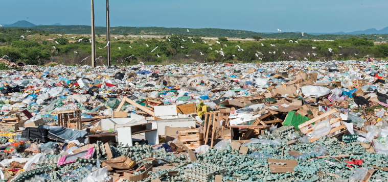 Imagem: Fotografia. Vista de lixão com longa extensão de lixo descartado em campo aberto. Fim da imagem.