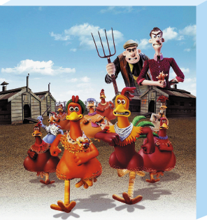Imagem: Ilustração. Cena de filme com galinhas e galo sendo perseguidos por homens. Fim da imagem.