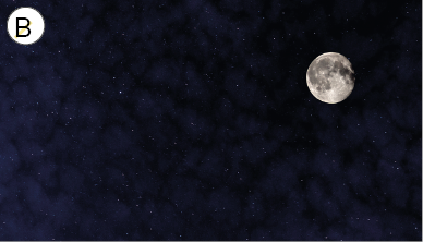 Imagem: Fotografia. B: Vista de céu a noite com lua cheia e nuvens escuras. Fim da imagem.