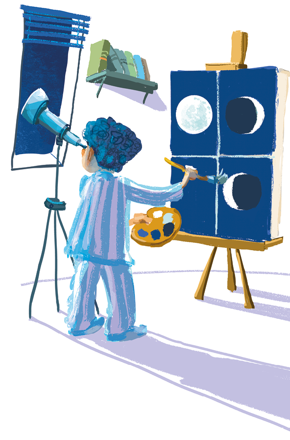 Imagem: Ilustração. Menino de cabelo curto, vestindo pijama branco com listras azuis. Está observando por uma luneta em uma janela, enquanto pinta fases da lua em um quadro. Fim da imagem.