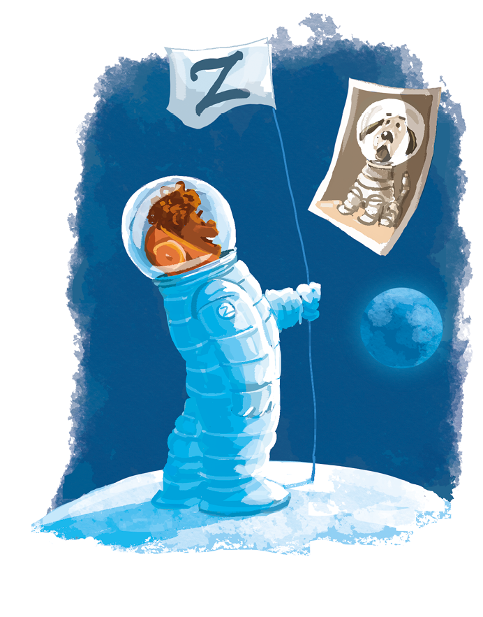 Imagem: Ilustração. Menino de cabelo curto castanho, vestindo roupas de astronauta. Está segurando uma bandeira que diz Z. Ao lado, uma fotografia em preto e branco com um cachorro em roupas de astronauta. Fim da imagem.