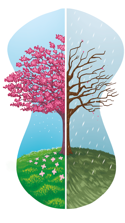 Imagem: Ilustração. Árvore com metade florida em roxo à esquerda, e à direita com galhos secos com chuva. Fim da imagem.