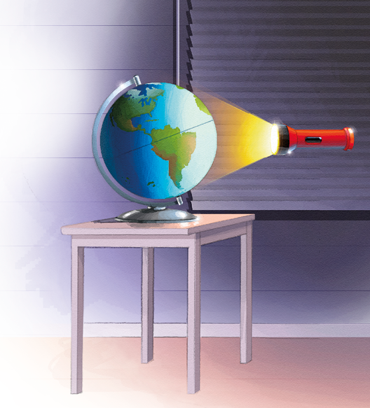 Imagem: Ilustração. Mesa pequena com um globo terrestre em suporte. À direita, há uma lanterna vermelha iluminando a área direita do globo. Fim da imagem.