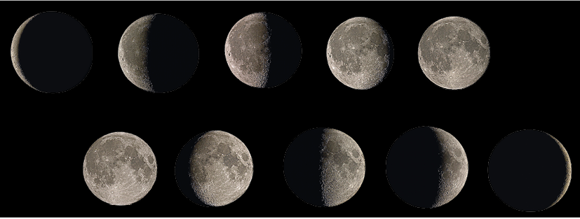 Imagem: Ilustração. Fases da lua em sequência em 10 etapas. Inicia-se em quarto crescente, seguido para lua cheia, quarto minguante e finaliza em lua nova.  Fim da imagem.