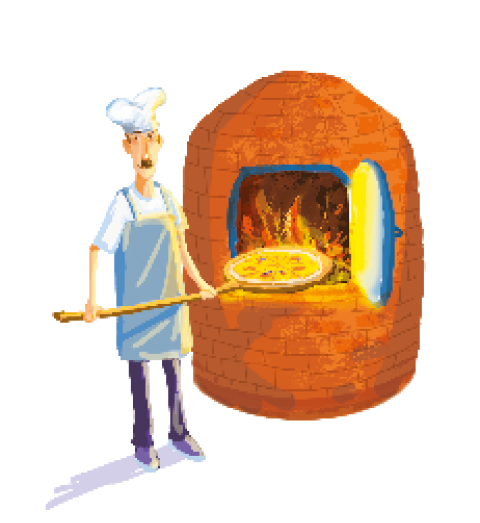 Imagem: Ilustração. Forno a lenha com um homem de chapéu branco, vestindo camiseta branca e avental azul. Está segurando uma espátula grande com uma pizza na ponta. Fim da imagem.