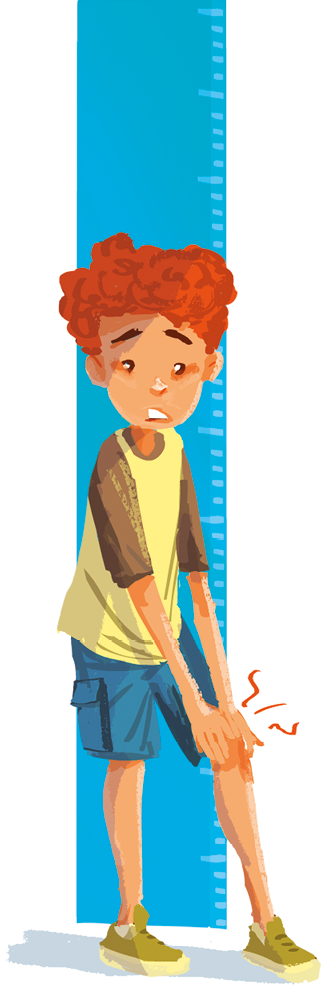 Imagem: Ilustração. Menino de cabelo curto cacheado ruivo, vestindo camiseta verde e marrom, e shorts azul. Está segurando o joelho com pequenos raios destacando o local. Fim da imagem.