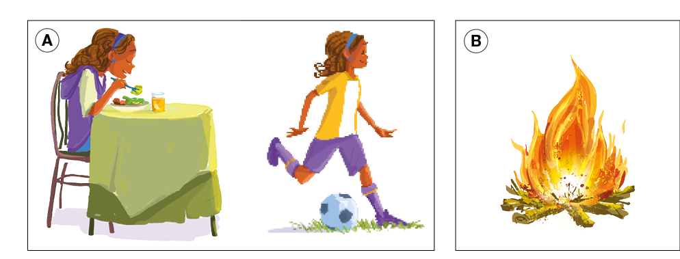 Imagem: Ilustração. B: Menina de cabelo longo castanho, vestindo camisa roxa, sentada em frente a uma mesa com um prato de comida. Ao lado, a mesma menina joga bola de futebol em um gramado. B: Fogueira acesa com troncos de madeira na base. Fim da imagem.