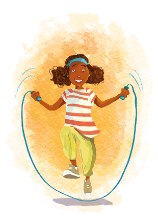 Imagem: Ilustração. Menina de cabelo preso longo castanho e faixa azul, vestindo camiseta branca com listras vermelhas e calça verde. Está pulando uma corda.  Fim da imagem.