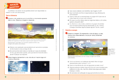 Imagem: Ilustração. Exemplifica como será a seção Avaliação diagnóstica. Página dupla composta por textos e imagens. Fim da imagem.