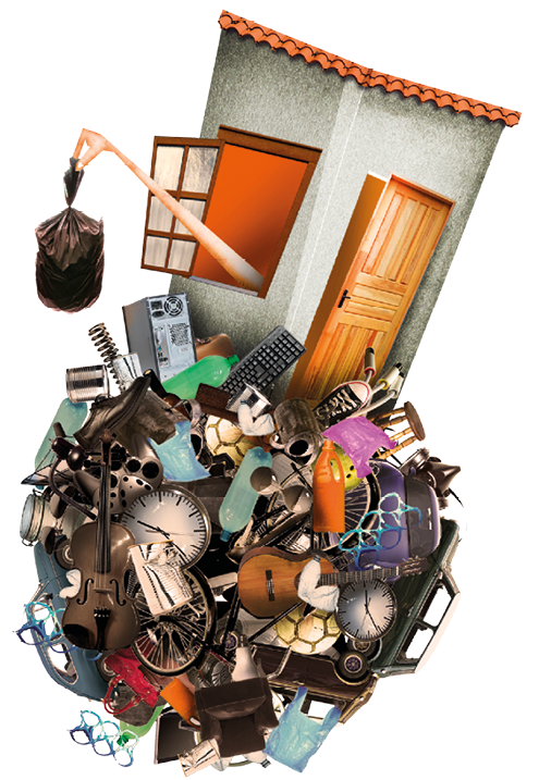 Imagem: Fotografia. Esfera formados por objetos diversos como instrumentos de música, embalagens, carros e peças eletrônicas. Acima do entulho, uma casa com uma mão saindo da janela e jogando um saco de lixo. Fim da imagem.