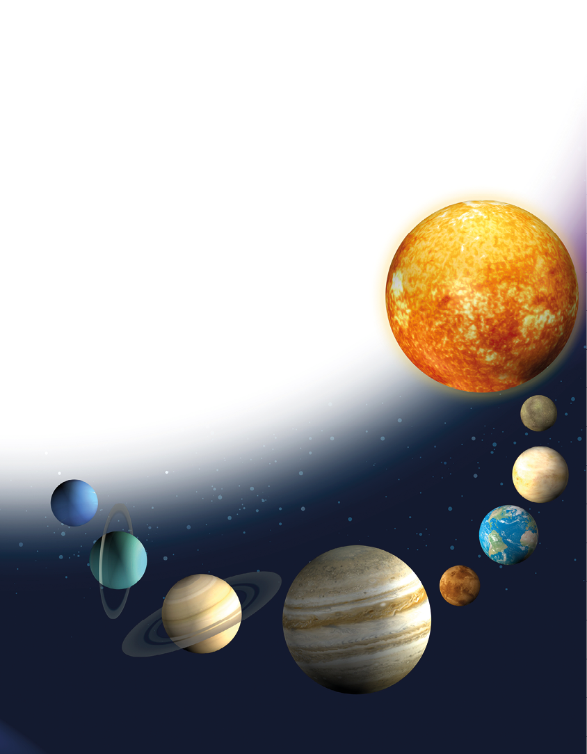 Imagem: Ilustração. Sistema solar com grande sol seguido pelos planejas em uma linha em semicírculos com os planetas: mercúrio; marte; vênus; terra; júpiter; saturno; urano; netuno. Fim da imagem.