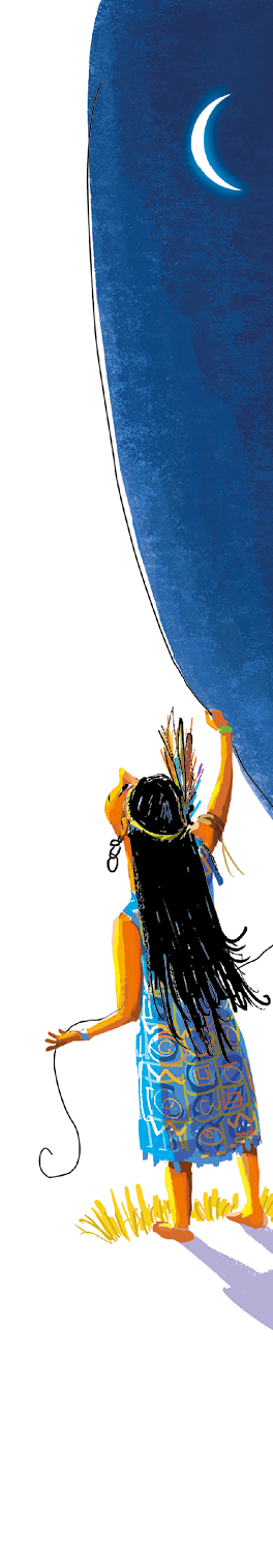 Imagem: Ilustração. Mulher de cabelo longo preto com cocar de penas coloridas, vestindo vestido longo azul. Está segurando uma linha de um balão com o interior do céu noturno e a lua crescente. Fim da imagem.