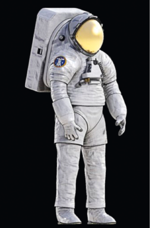 Imagem: Ilustração. Roupa de astronauta fechada com caixa retangular nas costas e globo sobre a cabeça. Fim da imagem.