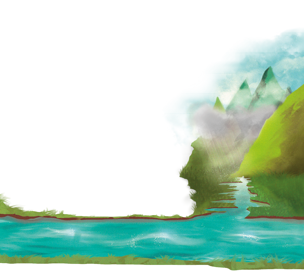 Imagem: Ilustração. Montes com floresta com nascente de rio se ligando a um rio maior. Fim da imagem.