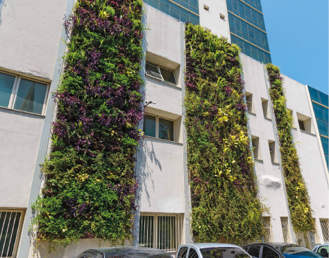 Imagem: Fotografia. Vista de prédio com jardins verticais na área externa. Fim da imagem.