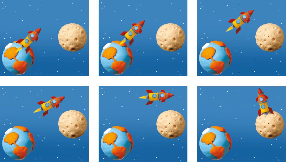 Imagem: Ilustração. Sequência de seis imagens de um foguete decolando, saindo da terra e pousando sobre a lua. Fim da imagem.
