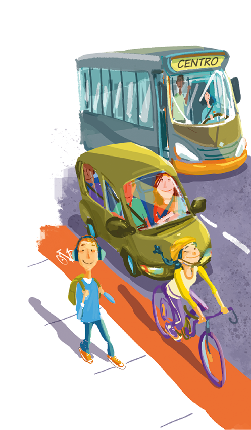 Imagem: Ilustração. Vista de carro e ônibus em pista. Ao lado, ciclovia com menina de cabelo longo preto, capacete amarelo, vestindo camiseta branca e calça roxa, andando de biciclieta. E na calçada, menino de cabelo curto loiro e fone de ouvido azul, vestindo camiseta e calça azul, andando com uma mochila verde. Fim da imagem.