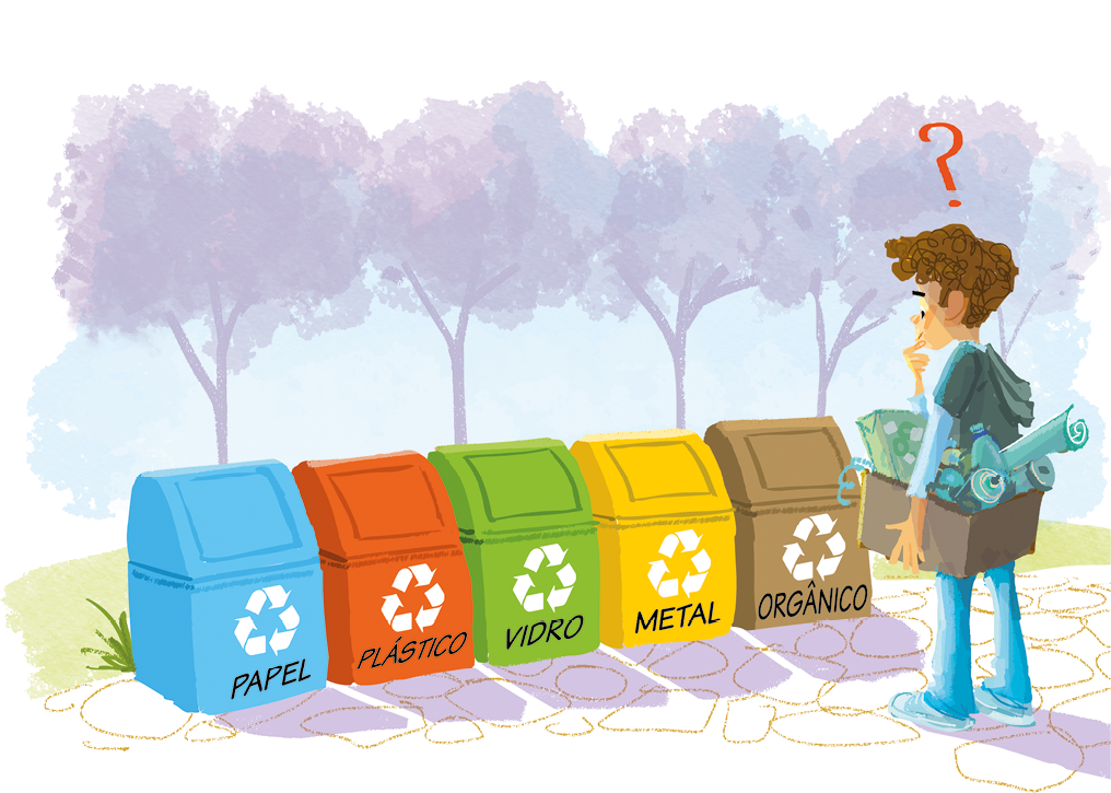 Imagem: Ilustração. Menino de cabelo curto castanho, vestindo camiseta e calça azul, segurando um caixa com produtos recicláveis. À frente, cinco latas de reciclagem indicando papel, plástico, vidro, metal e orgânico.  Fim da imagem.