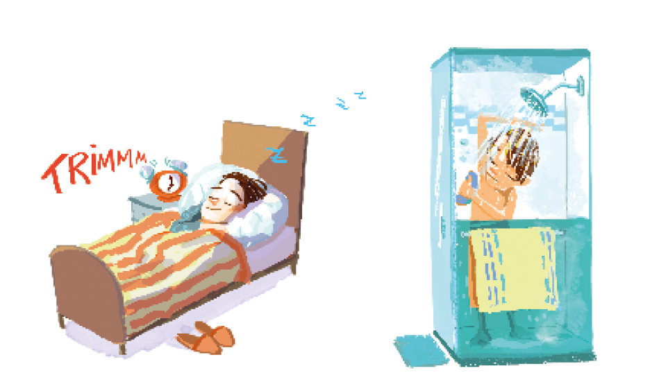Imagem: Ilustração. Menino de cabelo curto castanho, deitado dormindo em uma cama com coberta branca com listras laranjas. Ao lado, um alarme tocando “trimmm”. Ao lado, ilustração do mesmo menino tomando banho em um box com ducha. Fim da imagem.