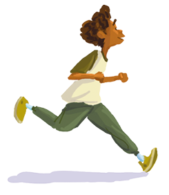 Imagem: Ilustração. Menino de cabelo curto castanho, vestindo camiseta branca e verde, e calça verde, correndo. Fim da imagem.