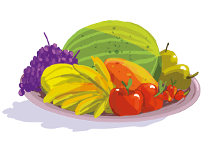 Imagem: Ilustração. Prato com frutas diversas dispostas, cacho de uva, penca de banana, maçãs, mamão, pera e melancia. Fim da imagem.