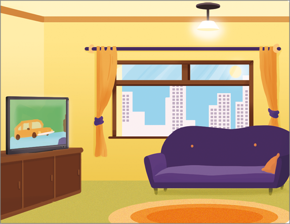 Imagem: Ilustração. Interior de uma sala amarela com um sofá roxo, uma televisão ligada com ilustração de um carro. Atrás do sofá há uma janela com vista para cidade. Fim da imagem.
