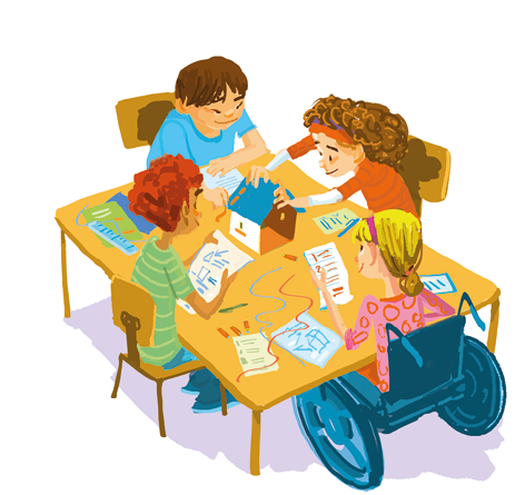 Imagem: Ilustração. Quatro crianças em uma mesa montando uma maquete com papéis coloridos. Fim da imagem.