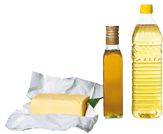 Imagem: Fotografia. Pedaço de manteiga, azeite e óleo. Fim da imagem.