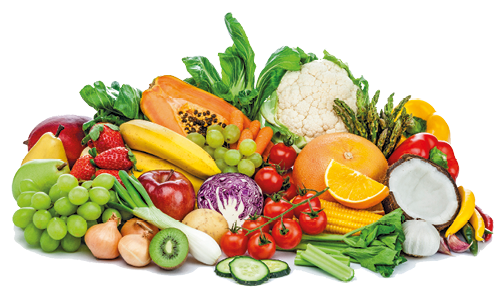 Imagem: Fotografia. Frutas e vegetais diversos. Fim da imagem.