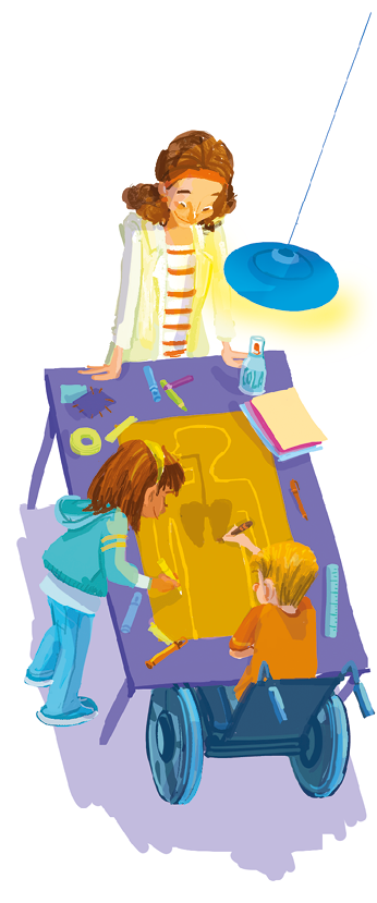 Imagem: Ilustração. Mesa vista de cima com mulher observando duas crianças desenhando um sistema respiratório em um corpo. Mulher de cabelo longo castanho e faixa laranja, vestindo casaco branco e camiseta branca com listras vermelhas. Menina de cabelo longo castanho, vestindo casaco e calça azul. Menino de cabelo curto loiro, vestindo camiseta laranja, sentado em uma cadeira de rodas azul. Fim da imagem.