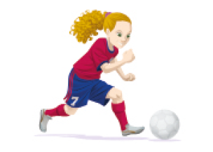 Imagem: Ilustração. Uma menina está correndo atrás de uma bola de futebol. Fim da imagem.