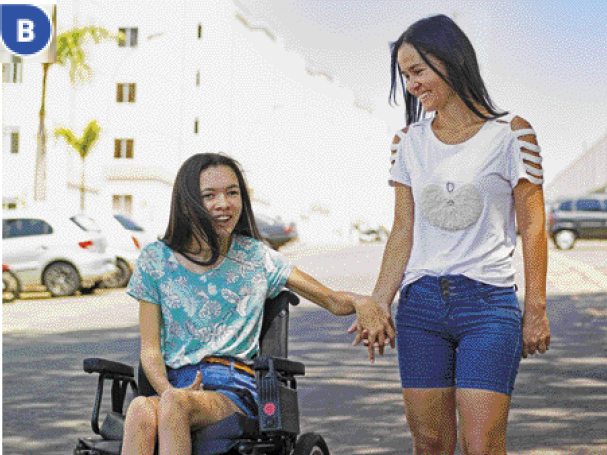 Imagem: Fotografia B. Uma mulher está sorrindo e segurando a mão de uma jovem cadeirante, que está sorrindo. Ao fundo, carros e casas. Fim da imagem.