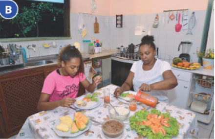 Imagem: Fotografia B. Uma mulher e uma menina estão sentadas em volta de uma mesa com comida em cima.  Fim da imagem.