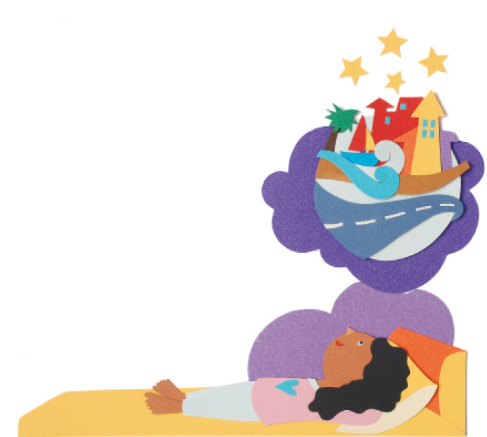 Imagem: Ilustração. Uma menina está deitada na cama com as mãos atrás da cabeça, sorrindo e olhando para cima, onde há um balão de pensamento com a imagem de uma cidade ao lado do mar com um barco. Acima há estrelas. Fim da imagem.