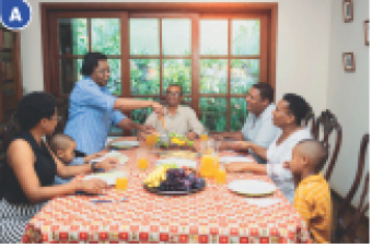 Imagem: Fotografia A. Uma família está sentada em volta de uma mesa com comida em cima. Ao fundo há uma janela grande e flores. Fim da imagem.