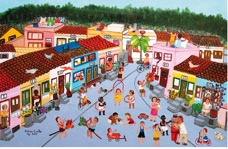 Imagem: Pintura. No centro, várias crianças estão brincando em uma rua: dois meninos estão com um cavalinho de madeira entre as pernas; duas crianças estão escondidas; duas meninas estão com bambolê em volta da cintura; uma menina está pulando corda; uma boneca está dentro de um carrinho; uma menina está andando de patinete; um homem está vendendo sorvete; duas crianças estão andando de bicicleta. Nas laterais há casas coloridas com pessoas na frente das portas. Em uma das janelas, um menino joga um skate para outro, que está na rua. Ao fundo, mais construções e no topo de uma delas, um homem está sentado e lendo um jornal. Ao lado, um menino está no topo e segurando uma pipa. Atrás há várias árvores e flores coloridas. Fim da imagem.