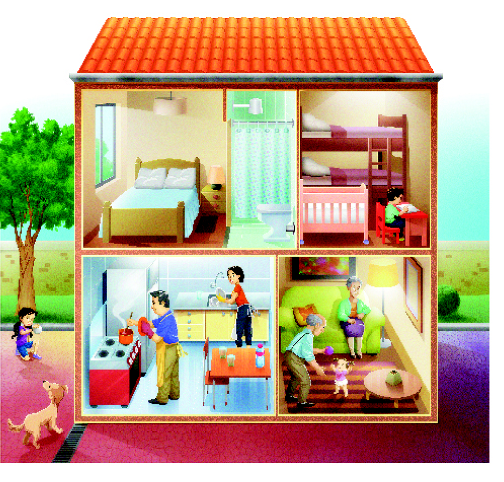 Imagem: Ilustração. À esquerda, uma menina está agachada e segundo uma bola ao lado de um cachorro. Atrás dela há uma árvore e um muro. À direita, interior de uma casa de dois andares. Na parte superior, um quarto com cama de casal. No centro, um banheiro e ao lado, um menino está sentado e lendo um livro. Atrás dele há um berço e ao lado, um beliche. Na parte inferior, à esquerda, um homem está cozinhando em um fogão. Ao seu lado há uma geladeira e em seguida, uma mulher está lavando a louça na cozinha. À direita, um casal de idosos está brincando com um bebê em uma sala.  Fim da imagem.