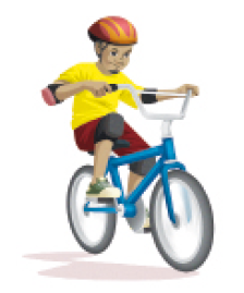 Imagem: Ilustração. Um menino com capacete de proteção, cotoveleiras e joelheiras está andando de bicicleta.  Fim da imagem.