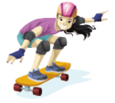 Imagem: Ilustração. Uma menina com capacete de proteção, cotoveleiras e joelheiras está andando de skate. Fim da imagem.