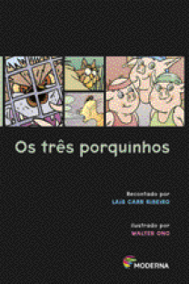 Imagem: Capa de livro. No centro, o título e acima, ilustração de um lobo e três porquinhos. Fim da imagem.