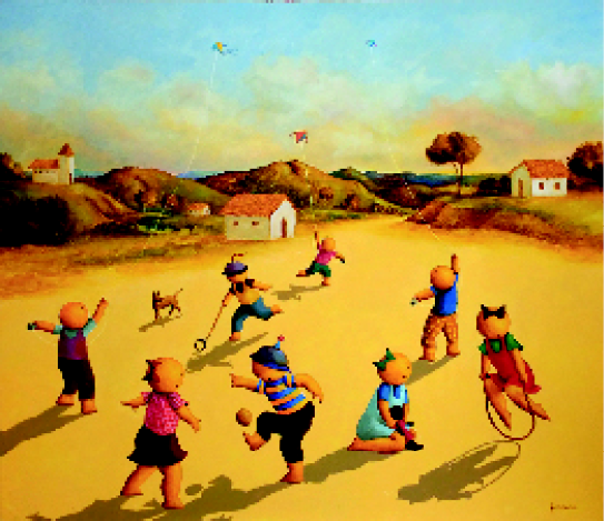 Imagem: Pintura. Crianças brincando: um menino está segurando uma haste com um círculo na ponta; um menino está chutando uma bola para cima; uma menina está pulando corda; três meninos estão empinando pipa; uma menina está segurando uma boneca e uma menina está sorrindo. Ao fundo, casas espalhadas, árvores e morros. Fim da imagem.