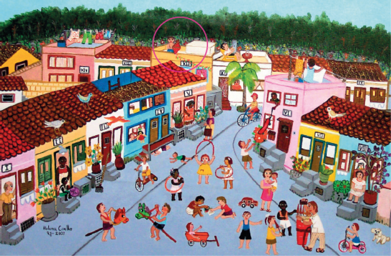 Imagem: Pintura. No centro, várias crianças estão brincando em uma rua: dois meninos estão com um cavalinho de madeira entre as pernas; duas crianças estão escondidas; duas meninas estão com bambolê em volta da cintura; uma menina está pulando corda; uma boneca está dentro de um carrinho; uma menina está andando de patinete; um homem está vendendo sorvete; duas crianças estão andando de bicicleta. Nas laterais há casas coloridas com pessoas na frente das portas. Em uma das janelas, um menino joga um skate para outro, que está na rua. Ao fundo, mais construções e no topo de uma delas, um homem está sentado e lendo um jornal. Ao lado, um menino está no topo e segurando uma pipa. Atrás há várias árvores e flores coloridas. RESPOSTA: Destaque para o menino no topo de uma construção, segurando uma pipa. Fim da imagem.