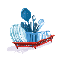 Imagem: Ilustração. Um escorredor de pia com pratos e talheres em cima. Fim da imagem.