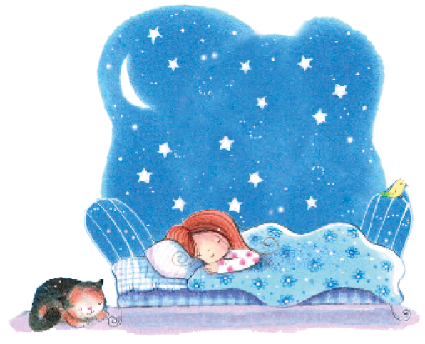 Imagem: Ilustração. Uma menina ruiva está deitada na cama com um cobertor azul sobre o corpo. Ao seu lado, um gato está deitado no chão e ao fundo, estrelas e a lua no céu azul. Fim da imagem.