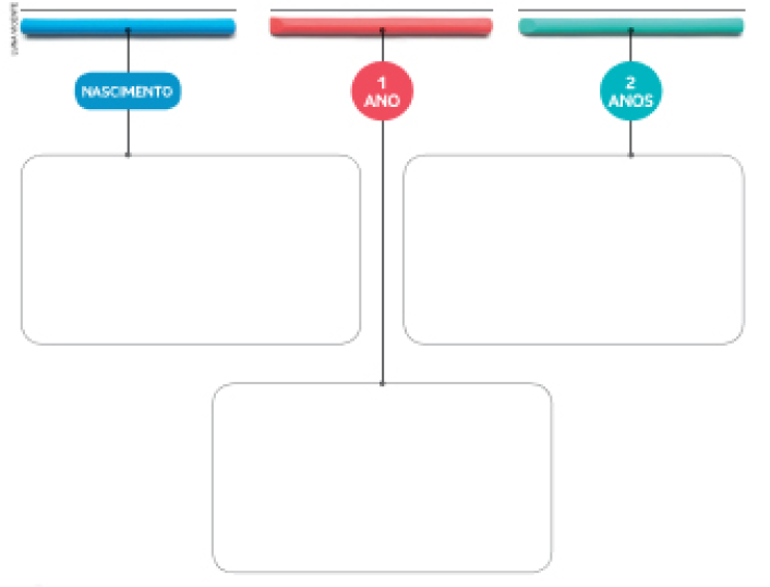 Imagem: Linha do tempo.  _____ - Nascimento. _____.  _____ - 1 ano. _____. _____ - 2 anos. _____. _____ - 3 anos. _____. _____ - 4 anos. _____. _____ - 5 anos. _____. _____ - 6 anos. _____.  Fim da imagem.