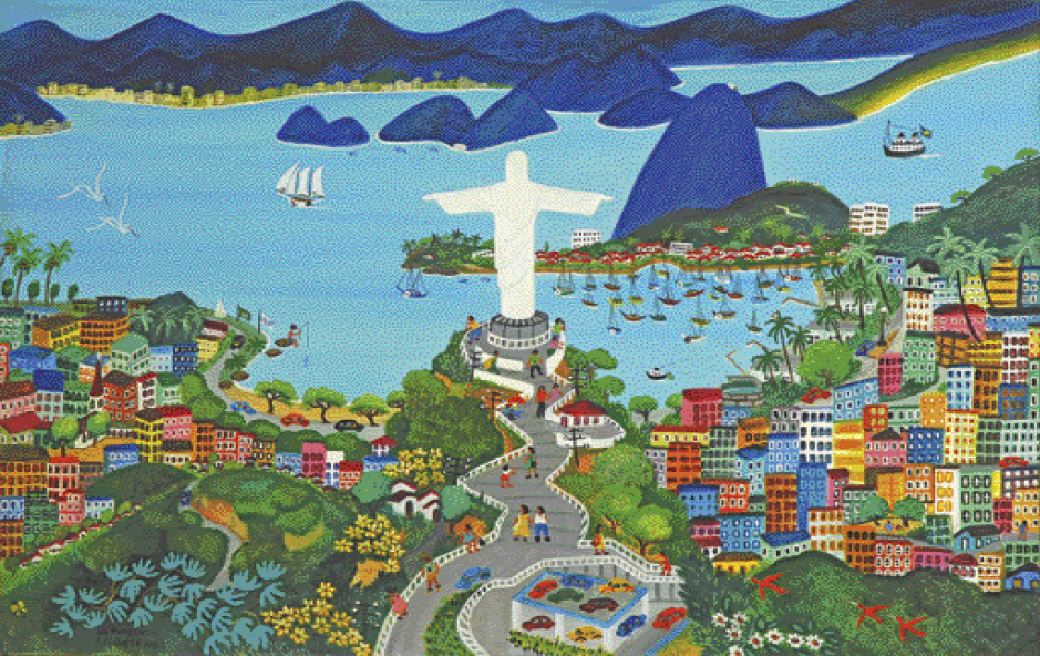 Imagem: Pintura. No centro, o Cristo Redentor de costas. Atrás dele há pessoas andando sobre uma escadaria extensa. Na base da escada há carros parados e abaixo há um morro com árvores e flores coloridas. Nas laterais do morro há várias construções coloridas e ao lado, uma avenida com carros. Em seguida há árvores, areia e o mar com vários barcos atracados. Em segundo plano há morros e ao fundo, silhueta de construções em volta de outro morro. Acima há pássaros voando. Fim da imagem.