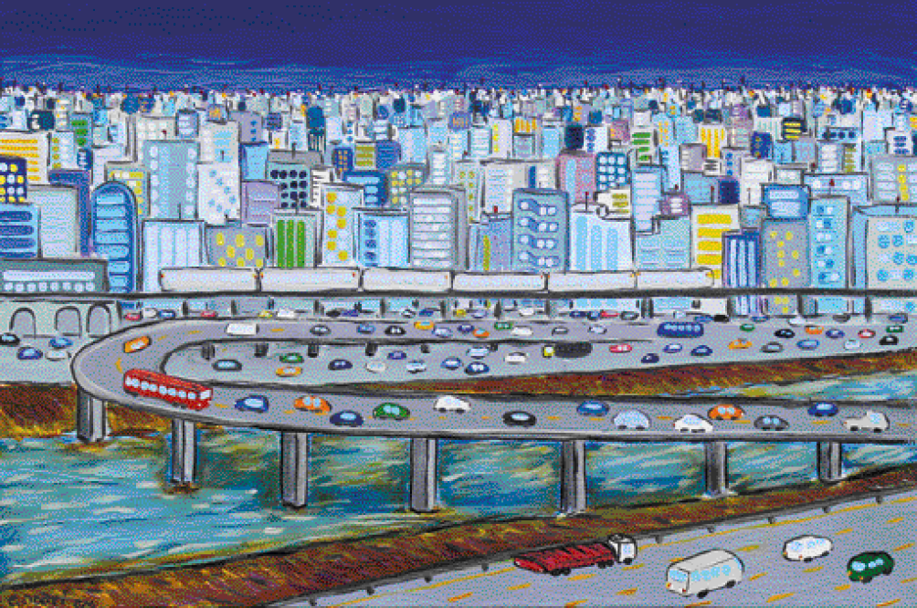 Imagem: Pintura. No centro há vários automóveis sobre uma ponte sinuosa, que está em cima de um rio. Nas laterais há mais automóveis em avenidas. Ao fundo, prédios e o céu azul-escuro. Fim da imagem.